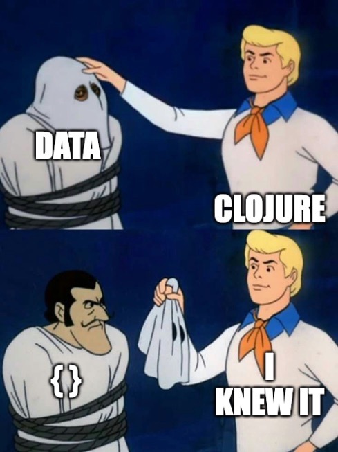 Scooby Doo Reveal meme of Clojure taking the mask off data to reveal a Clojure map beneath.